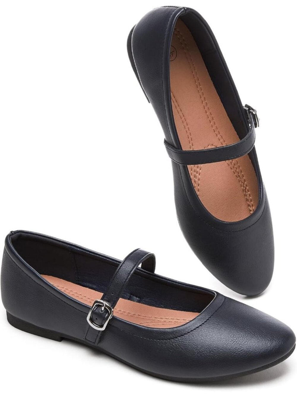 Women's Navy Leather Mary Janes Ballet Flats Soft Memory Foam Insole Dress Shoes